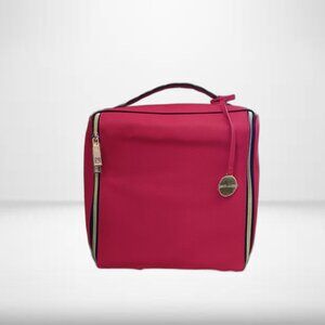 Estee Lauder Red Makeup Cosmetics case, scalloped handle, gold hardware, NWOT